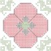 Stylized geometric flower logo composed of pink octagonal petals with green cross-stitch accents and small green floral corner elements